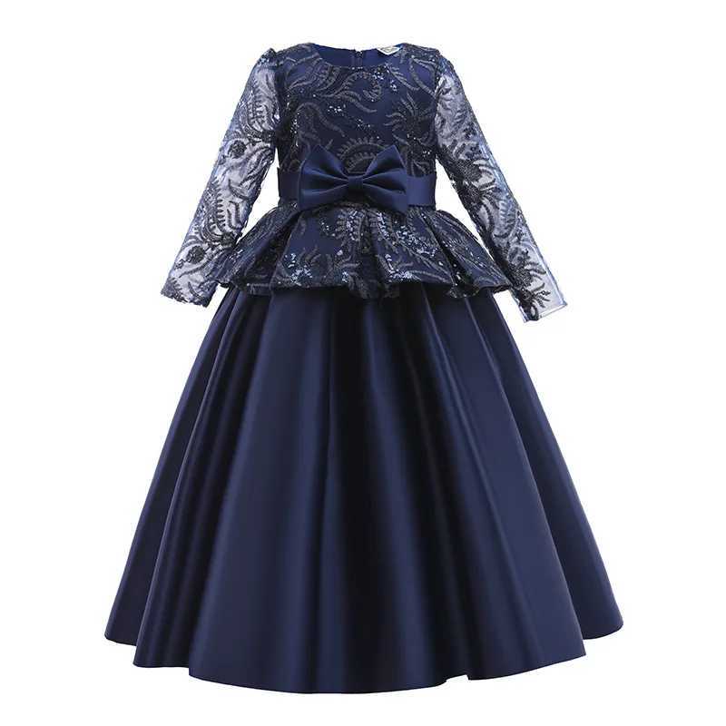 Fashion Childrens Satin Bow Printed Princess Dress Host Long Childrens Piano Performance DressXJ250108