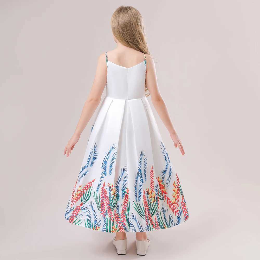Elegant Flower Par Dresses For Girls Children Summer Long Suspenders Print White Princess Dress Girl Wedding Ball Gown CostumeXJ250108