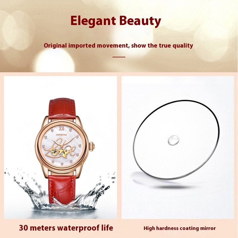 Stylish Waterproof Automatic Watch for Ladies with Luminous Mother-of-Pearl Dial