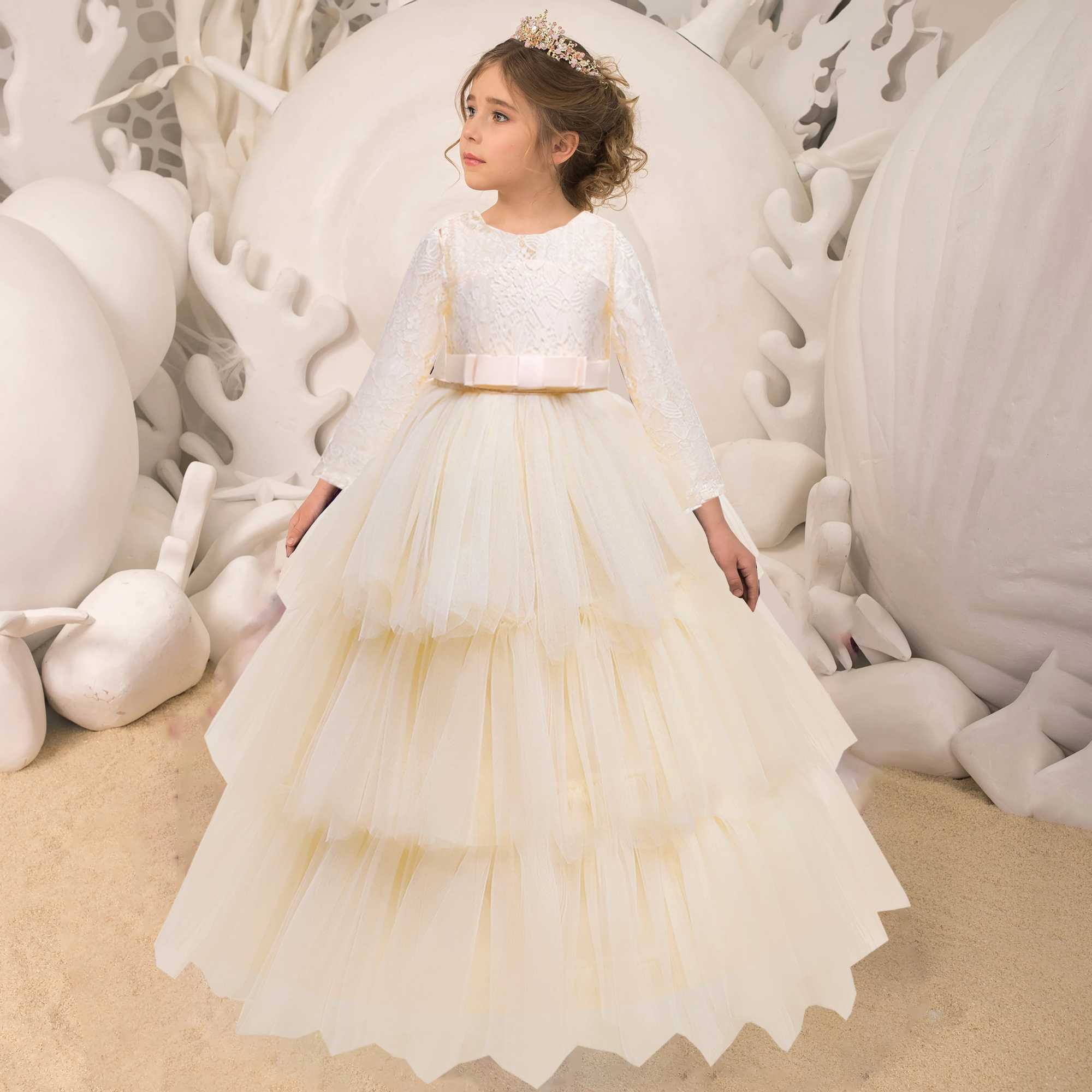 Formal Cake Lace White Bridesmaid Dress for Girl Long Sleeve Wedding Par Princess Dress Pageant Gown Children Costume 14 YearsXJ250108