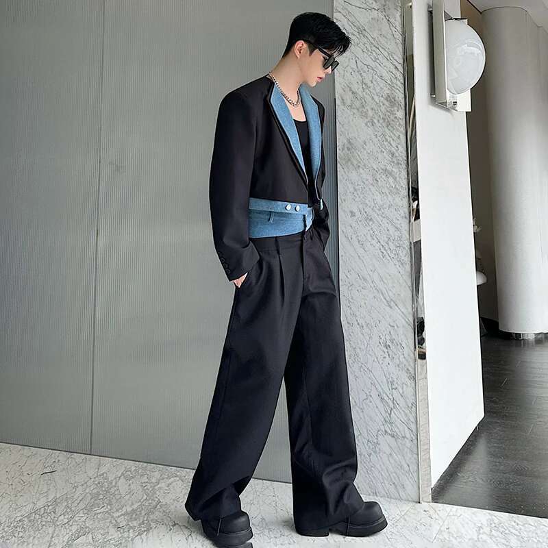 Denim Patchwork Short Suit Jackets Elegant Two Piece Color Contrast Design Personalized Trendy Straight Pants Sets