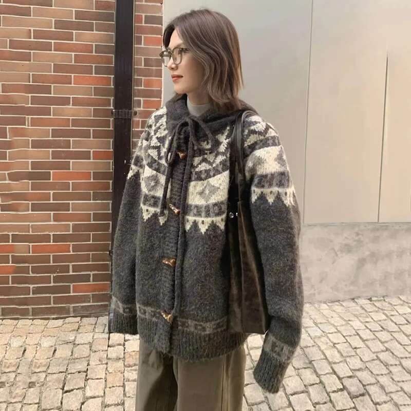 Fair Isle Vintage Hooded Cardigans Women Japanese Style Horn Button Long Sleeve Sweater Coats Woman Thicken Warm Jackets Female