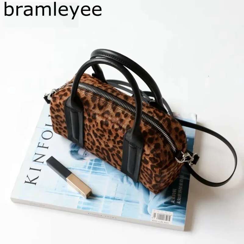 2025 Winter Leopard Grain Horsehair / Suede Cow Leather Boston Pillow Tote Blue Neche Design Women Handbag Shoulde Bag