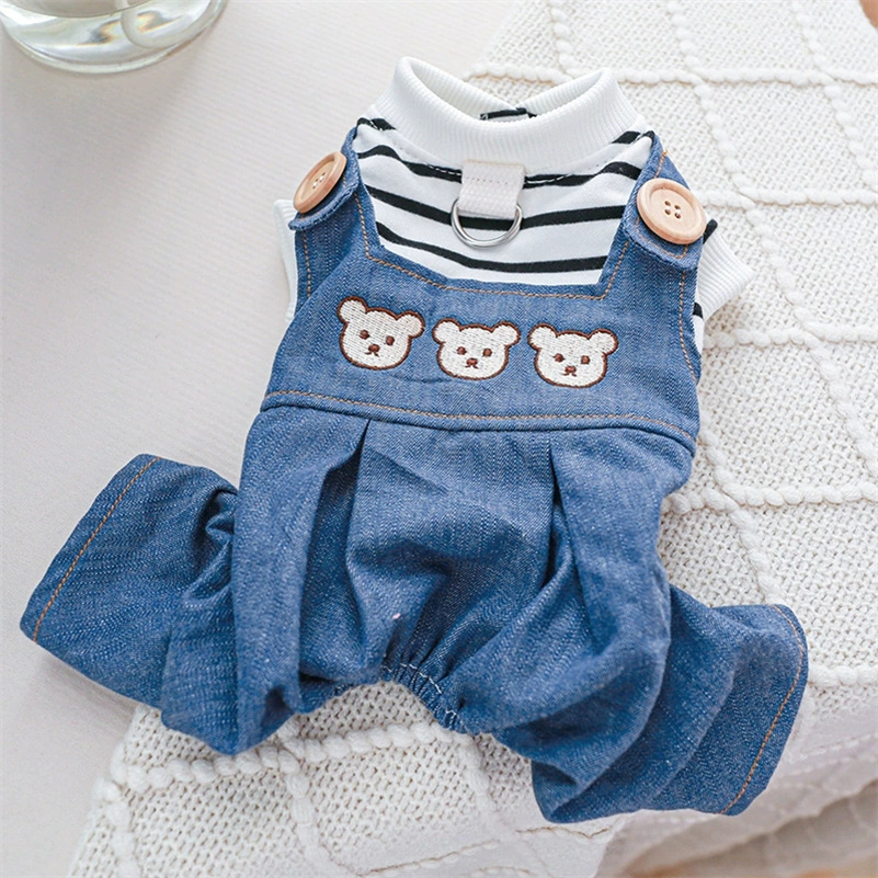 Dog Jumpsuit Pet Overall Round Neck Dog Denim Jumpsuit Adorable With Traction Ring Cartoon