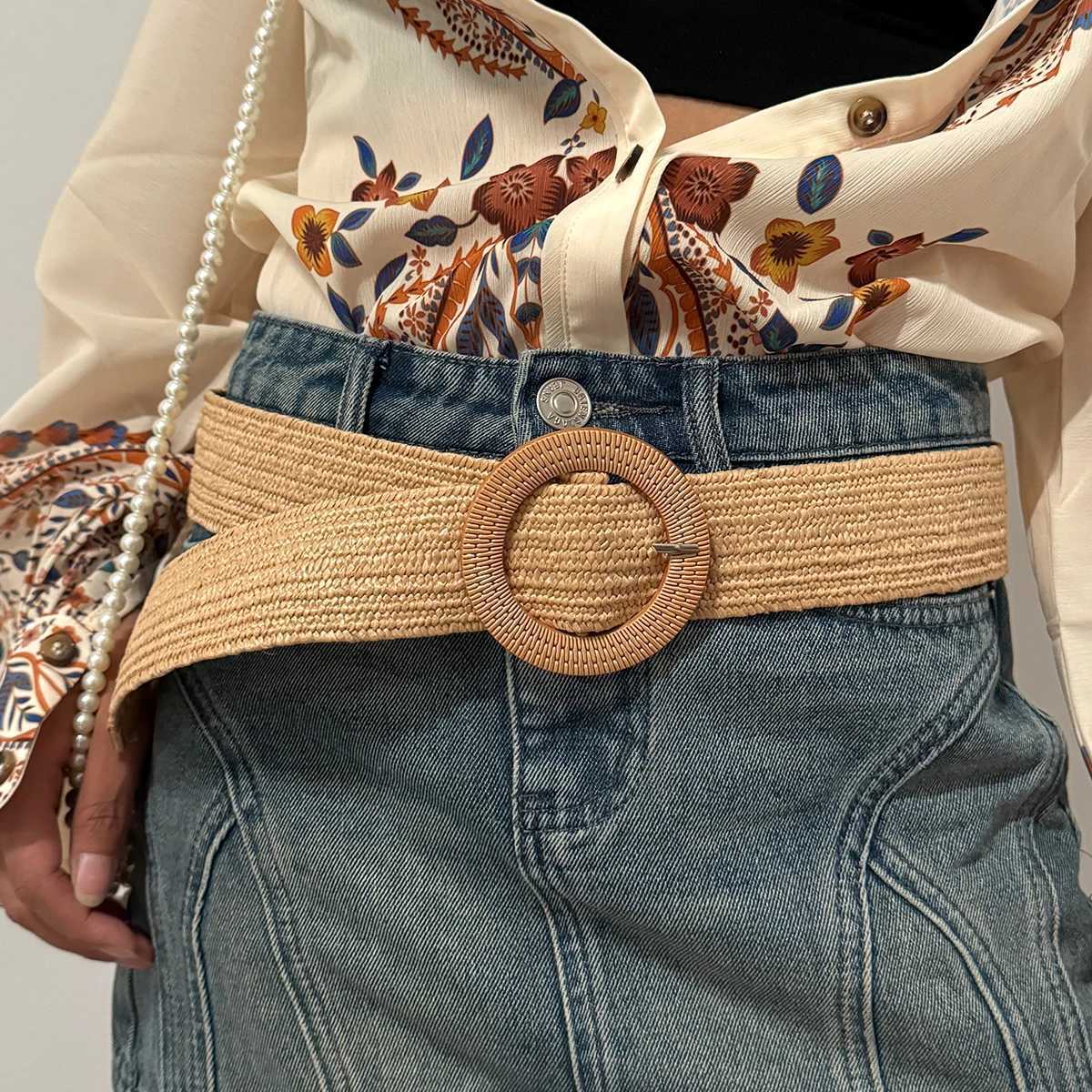 Fashion womens PP grass belt Bohemian wide elastic waistband woven waistband summer casual fabric waistband clothing accessories W250109