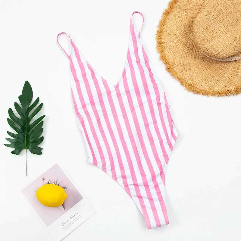 2024 Sexy One Piece Swimsuit Women V-Neck Swimwear Fa Striped Print Bodysuit Monokini ss Bathing Suit Summer BeachwearXJ240108