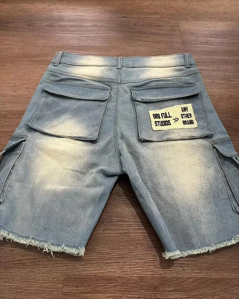 Street Y2K Fashion Trend Multi Pocket Tooling Denim Shorts Men Harajuku Hip Hop Joker Loose Jeans Couple Casual 250109