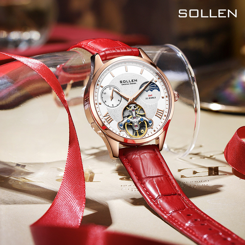 SOLLEN Women's Fashionable Multi-Function Skeleton Mechanical Watch with Leather Strap