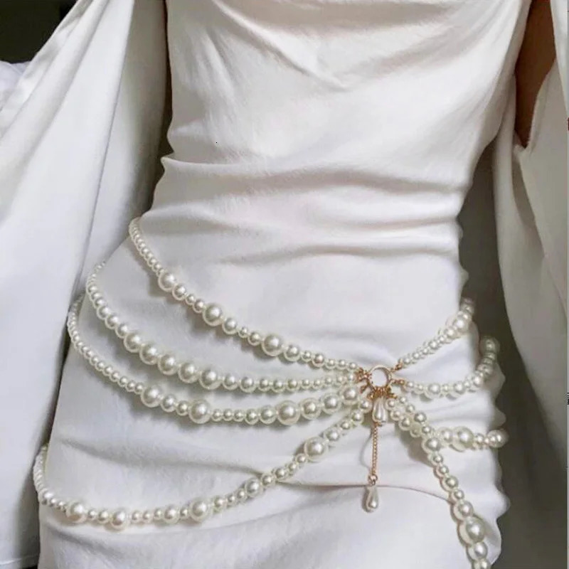 European and American decorative chain body chain imitation pearl hollow multi-layer fringe female size staggered waist chain 250107