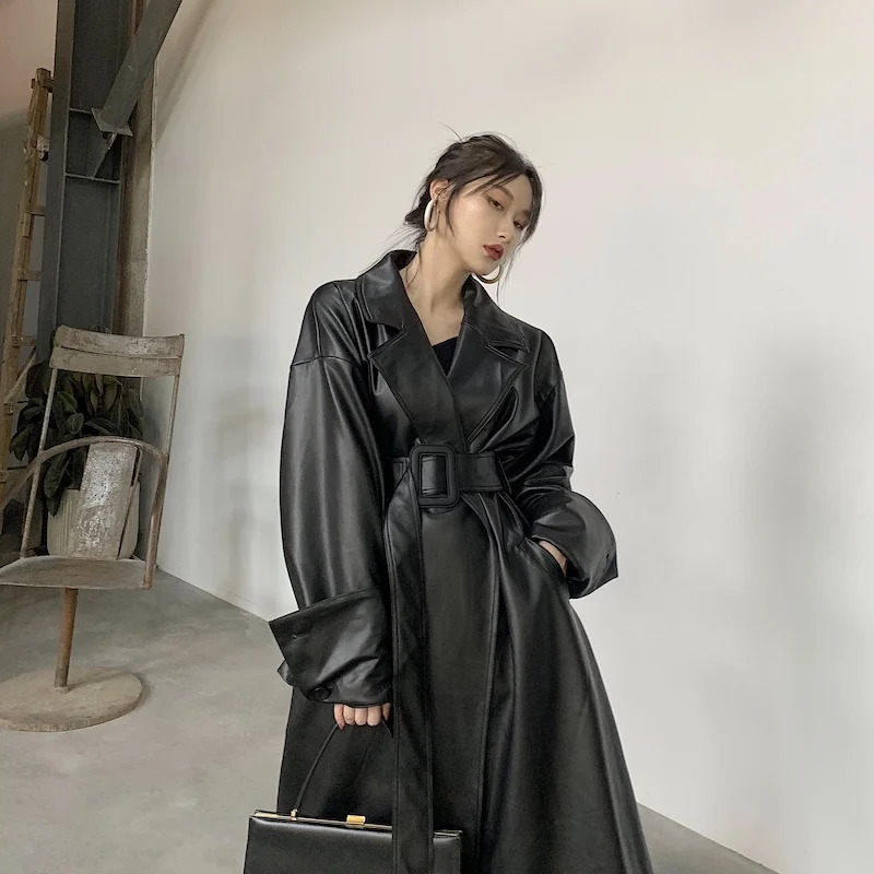Lautaro Long oversized leather trench coat for women long sleeve lapel loose fit Fall Stylish black clothing streetwear 250103