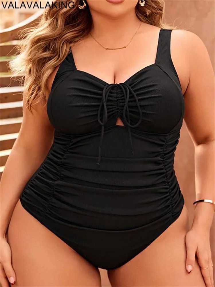 2025 Solid Sreapped Plus Size Swimwear Sexy Women Push Up Hollow Large One Piece Swimsuit Beach Lady Chubby Curvy Bathing SuitXJ240108