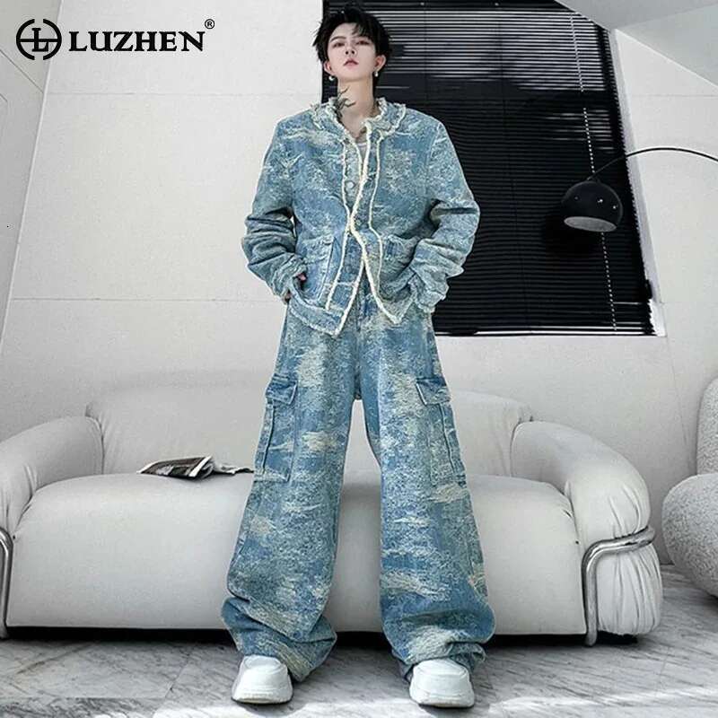 Autumn Long Sleeve Jacket Sets Burr Design Fashion Personalized Street Baggy Straight Pants Casual Two Piece