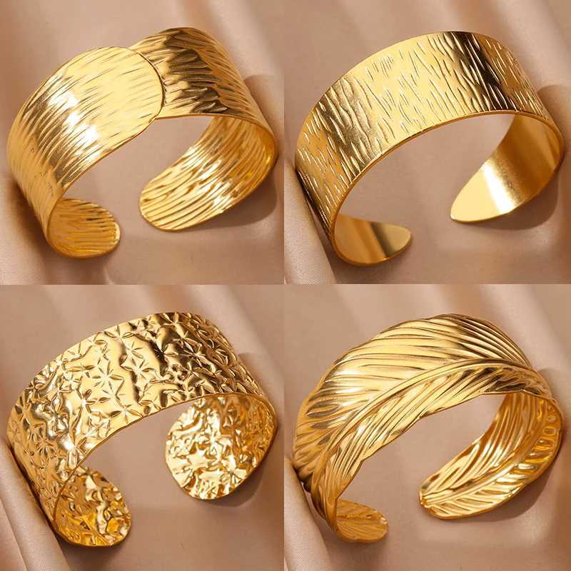 Stainl Steel Wide Bangles for Women Luxury Gold Color Open Chunky Cuff Bangle Bracelet femme Vintage Wedding Jewelry GiftXJ250109