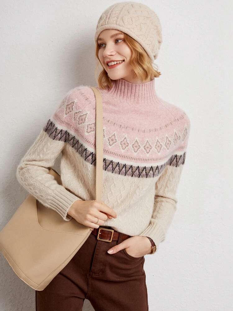 Women Vintage Style Faire Isle Jacquard Sweater Thick Mock Neck Pullover Autumn Winter 100% Cashmere Knitwear
