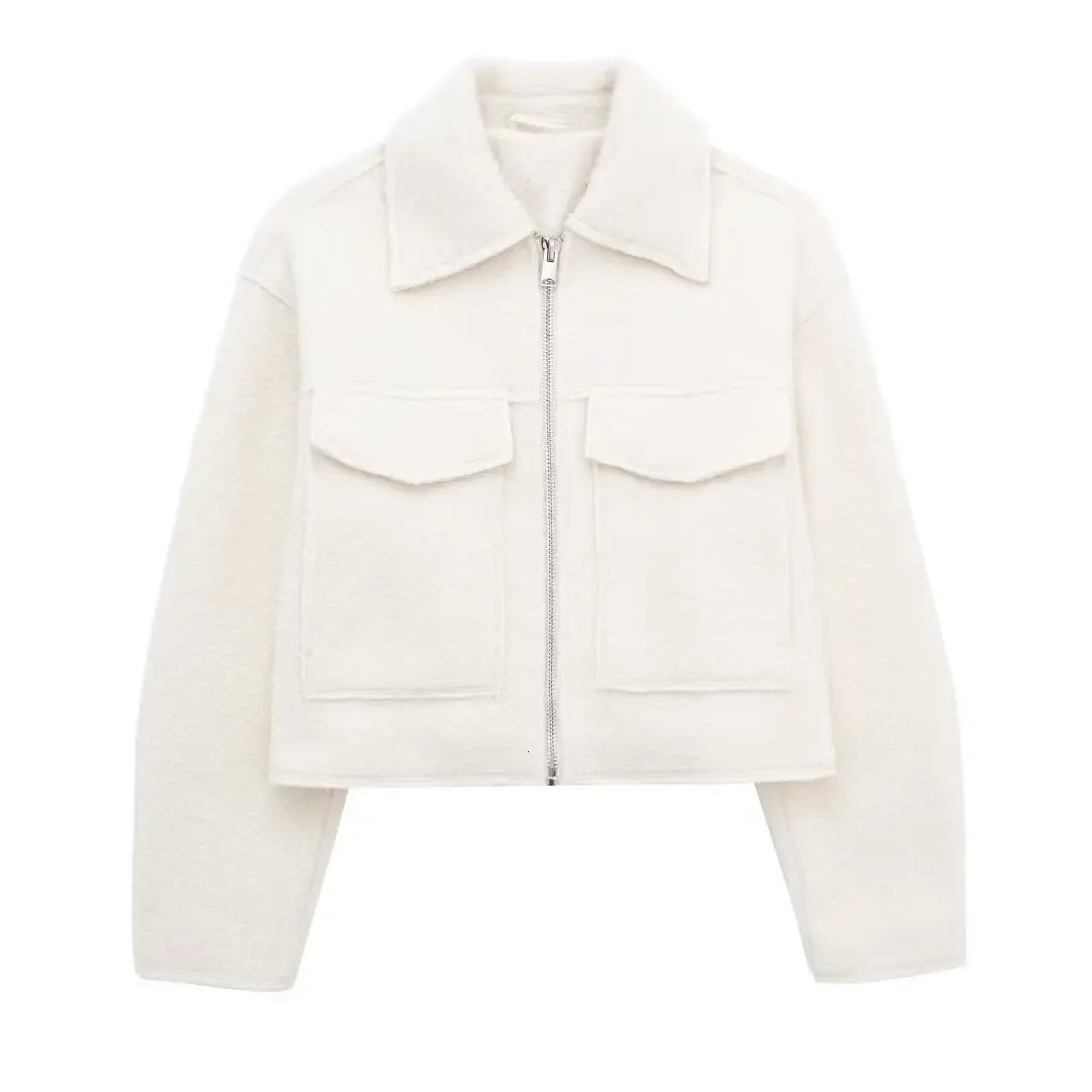 TRAF White Tweed Jacket Women Cropped Bomber Jackets for Long Sleeve Zipper Woman Autumn Streetwear Outerwears 250109