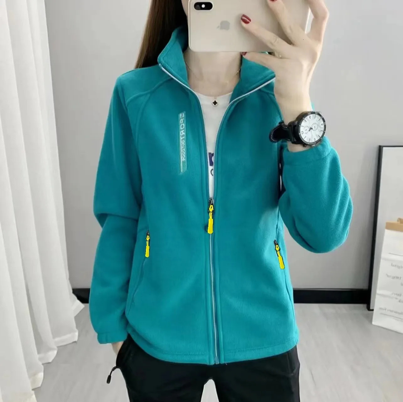 Polar Fleece Jacket for Women Spring Autumn Plush Thick Cardigan Coats Windproof Warm Stand Collar Hiking Thermal Chaqueta Mujer 250109