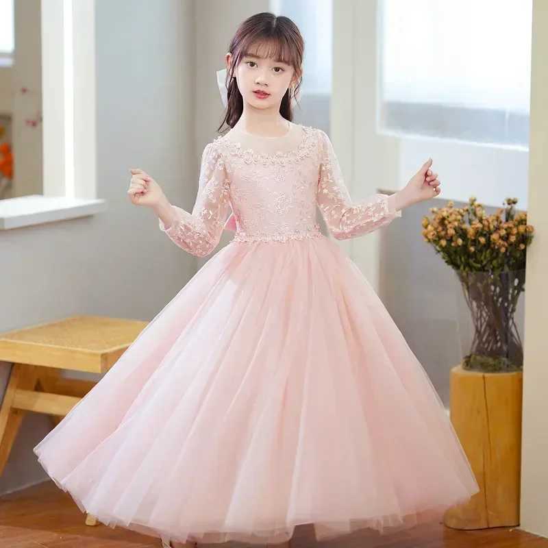 Lace Long Sleeve Ball Gown Summer Hildren Girls Par Dresses Fashion Solid Color Flower Girl Dresses for Weddings 4-14YearsXJ250108