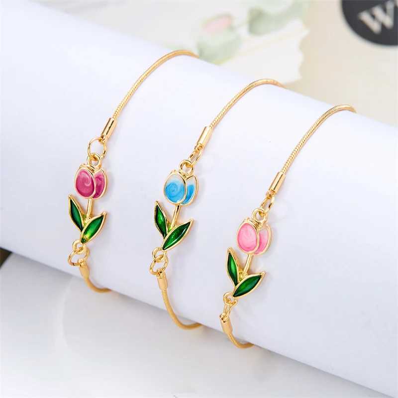 Jan Korea Elegant Tulip Rose Bracelet For Women Girls Sweet Colorful Flower Gold Color Metal Chain Bracelets Aesthetic JewelryXJ250109