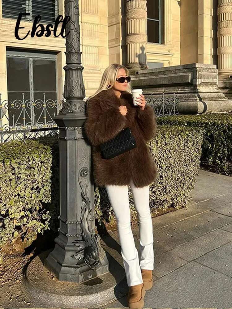 Vintage Fluffy Faux Fur Coat Women Solid Warm Lapel Button Long Sleeve Thicken Overcoat 2024 Winter New Lady Casual Streetwear
