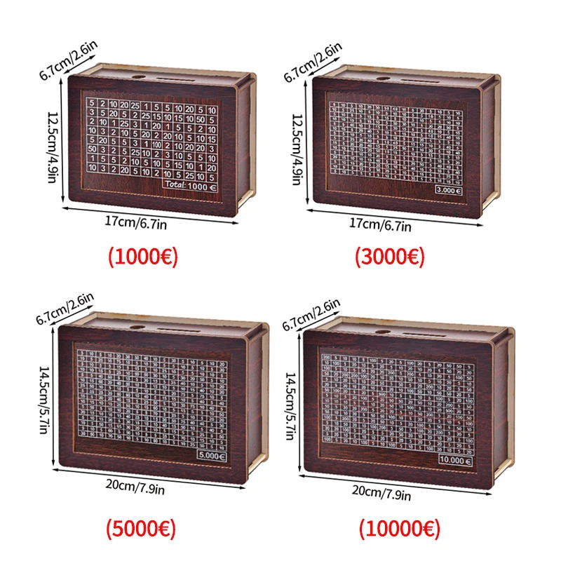 Wooden cash box with counter wooden piggy bank cash box savings target of 1000/3000/5000/10000 euros 250103