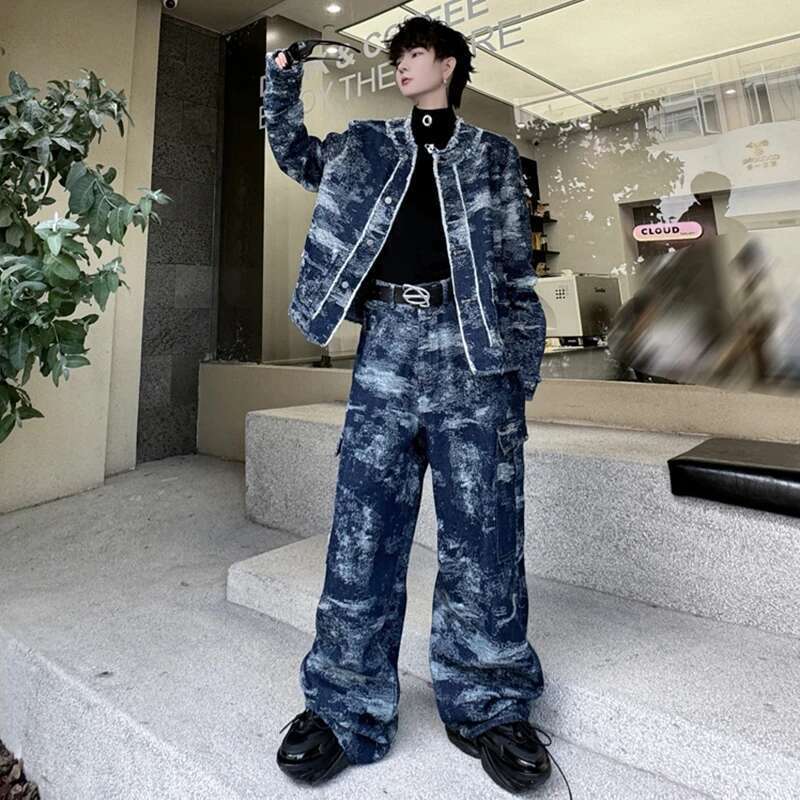 Autumn Long Sleeve Jacket Sets Burr Design Fashion Personalized Street Baggy Straight Pants Casual Two Piece