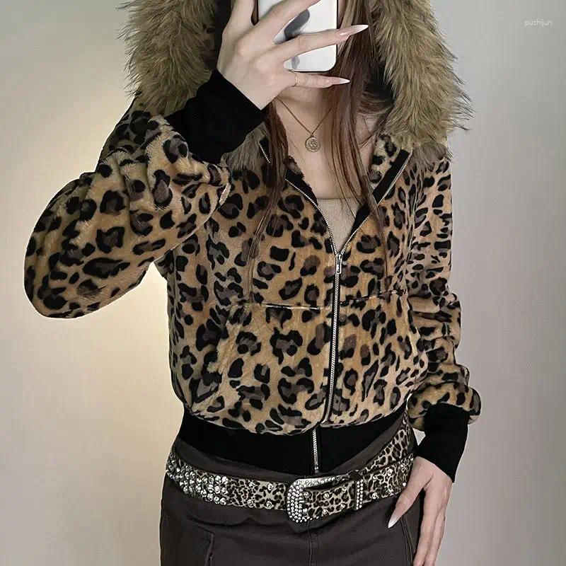 Women's Jackets Y2k Autumn Winter American Style Vintage Women High Street Jacket Hooded Fur Collar LEOPARD Chaquetas Zipper Design Sense