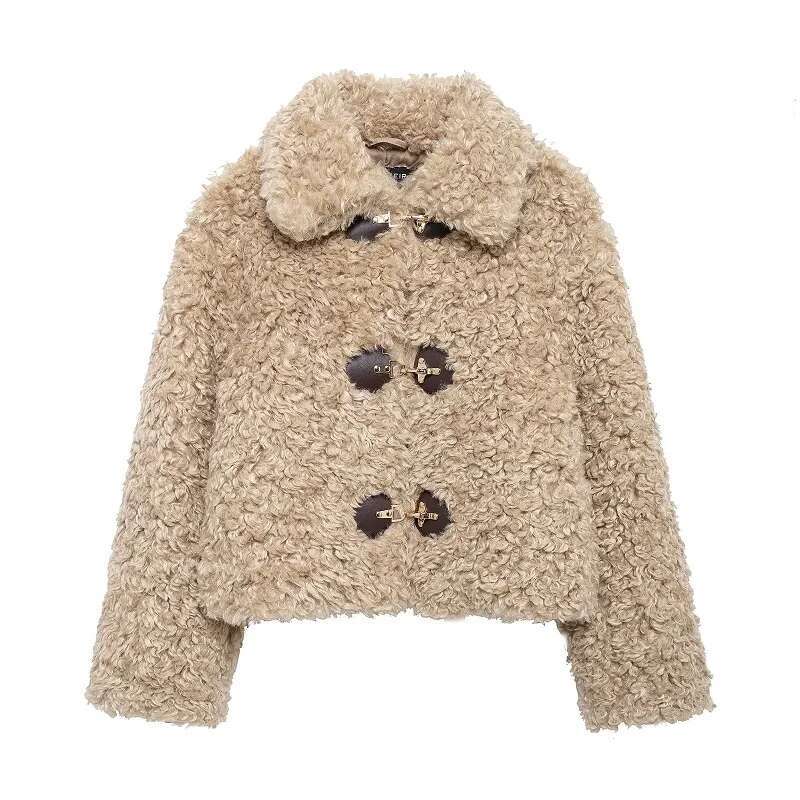 TRAF Cropped Plush Jacket Faux Sheepskin Demi-Season For Women Long Sleeve Jackets Woman 2024 Winter Coat Female
