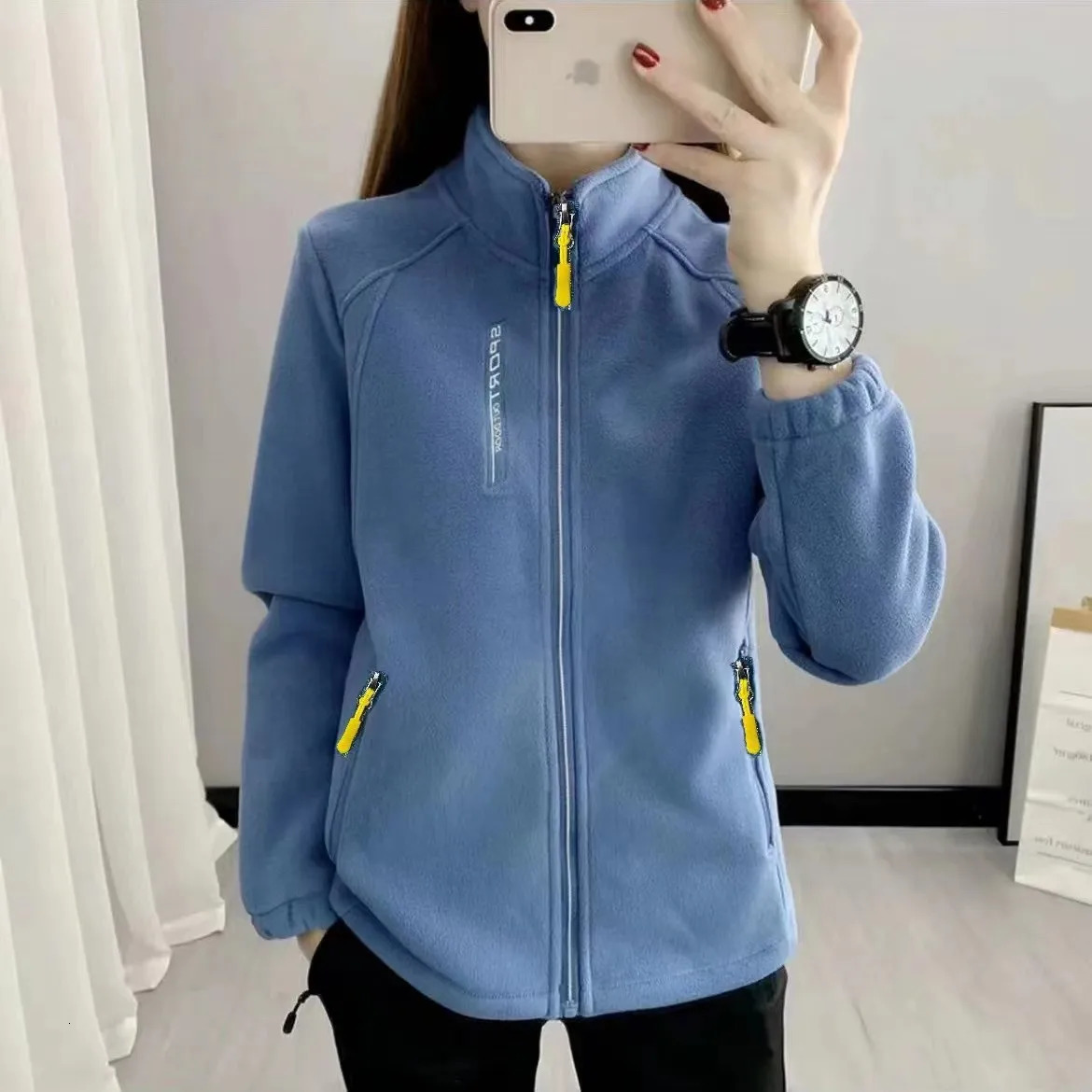 Polar Fleece Jacket for Women Spring Autumn Plush Thick Cardigan Coats Windproof Warm Stand Collar Hiking Thermal Chaqueta Mujer 250109