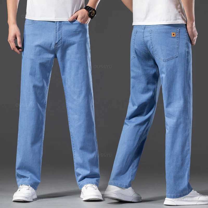 Men Jeans Classic Summer Lyocell Cotton Straight Stretch Brand Denim Pants Overalls Light Blue Fit Trouser Plus Size 40 42 M250610