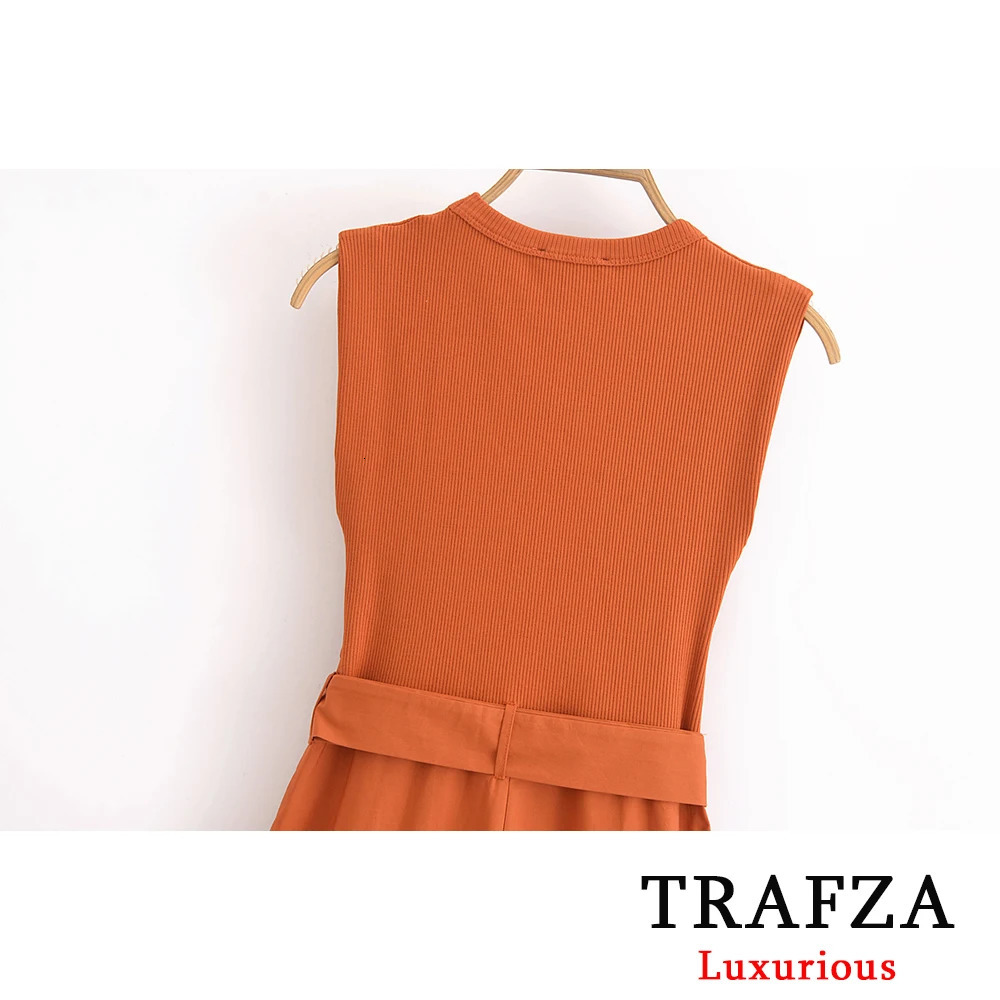 TRAFZA Elegant Solid Knitted Patchwork Midi Dress Women O Neck Sleeveless Belted Dresses Chic Lady Party 250106