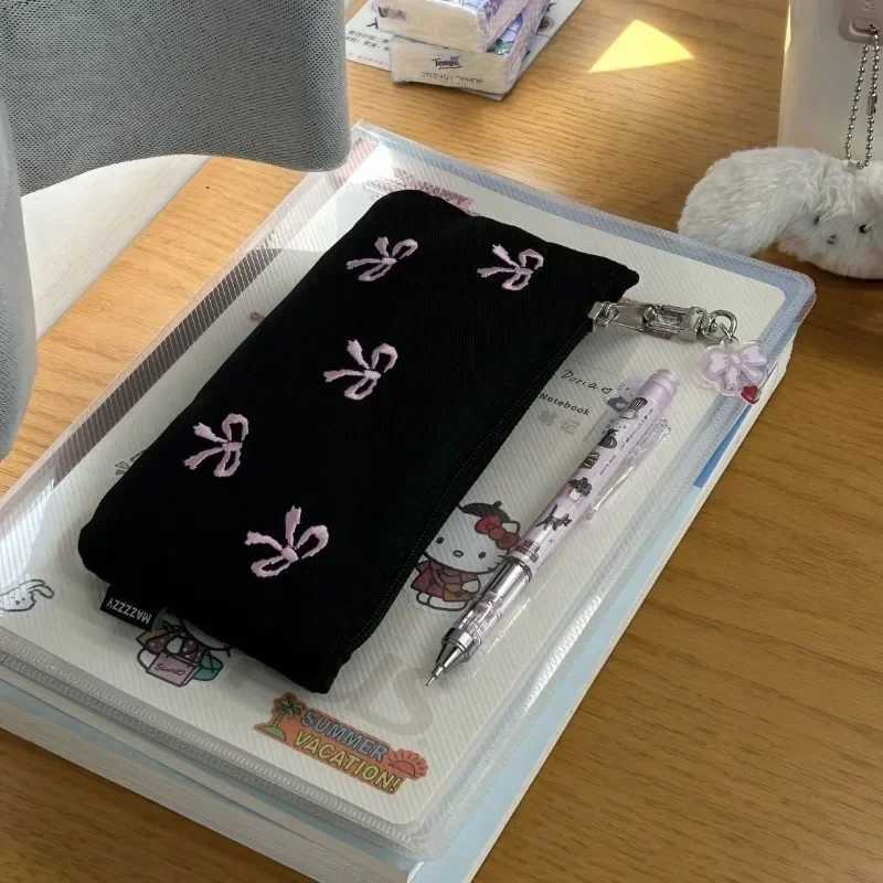 Cute embroidered makeup brush bag on canvas bow shaped square makeup bag cute printed pencil case W250109