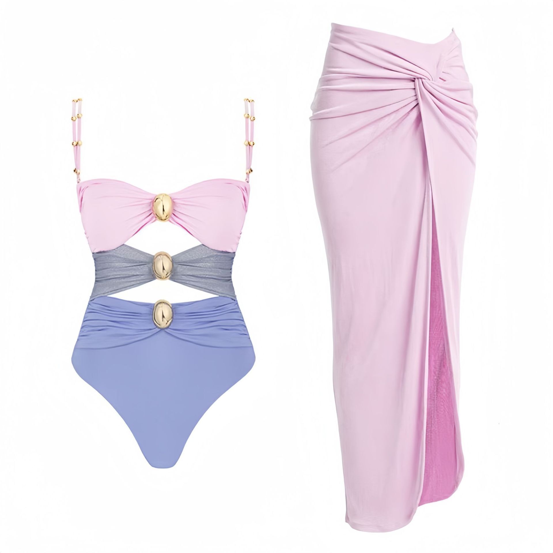 2025 New Bikini Skirt Solid Color Splicing Integrated Designer Women's Swimsuit Trendy Swimsuit