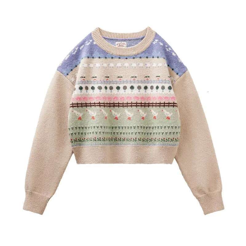 Maden Vintage Sweater With Animal Patterns Round Neck Versatile Pullover For Women's Autumn Winter Fair Isle Knitted Inner Wear