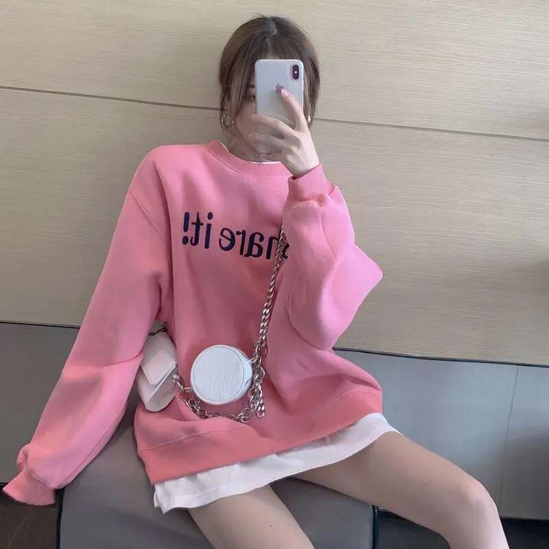 Autumn Winter New Korean Fleece Fake Two Pieces Sweatshirts Ladies Loose All-match Long Sleeve Top Tee Women's Letter Pullovers