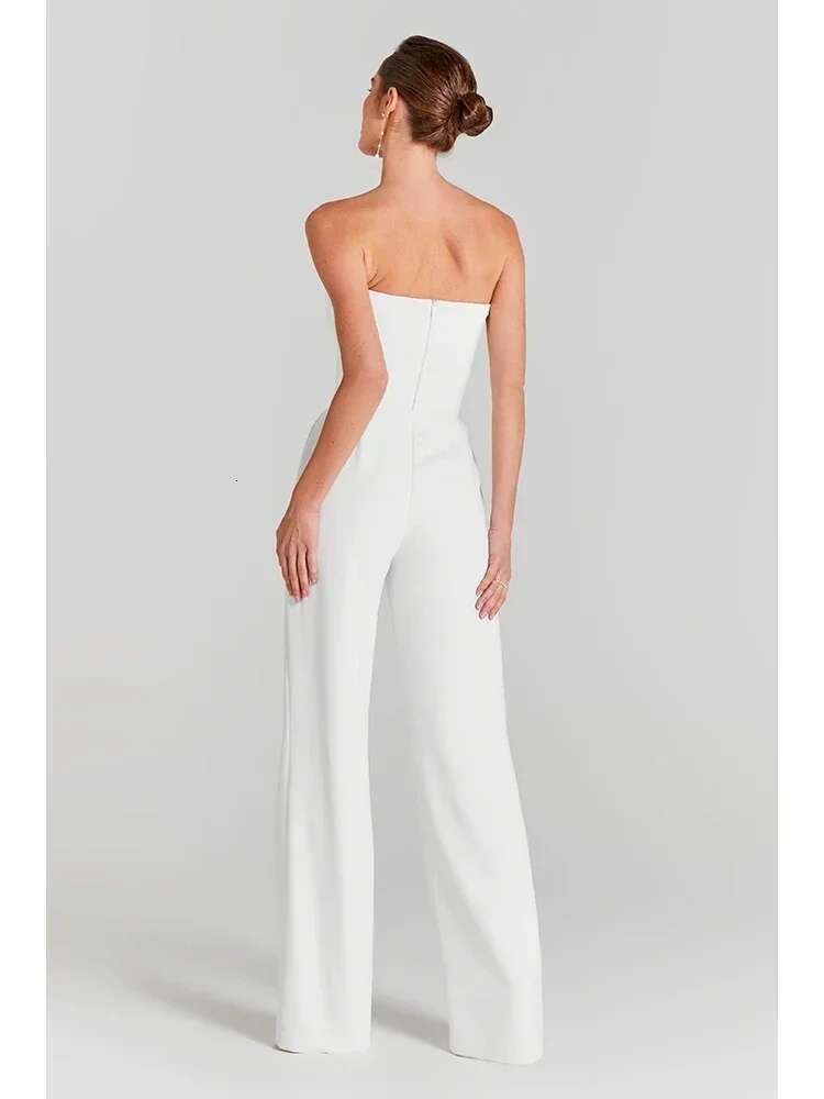 Sexy Long Sleeves Mesh Pearl Beaded Bodysuits+Strapless Two Piece Women White Jumpsuit Suits Evening Runway Sets