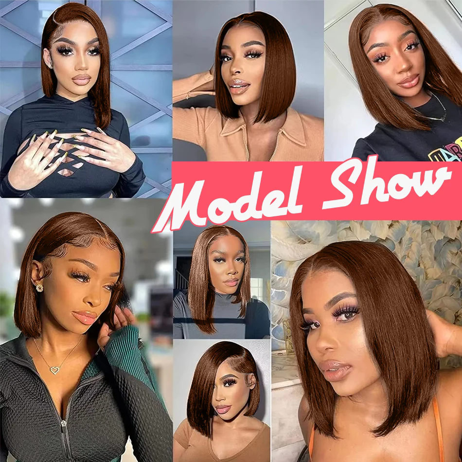 Brazilian Chocolate Brown Bone Straight 13x4 HD Transparent Lace Frontal Human Hair Wigs #2 Colored Short Bob daily Wig For Women