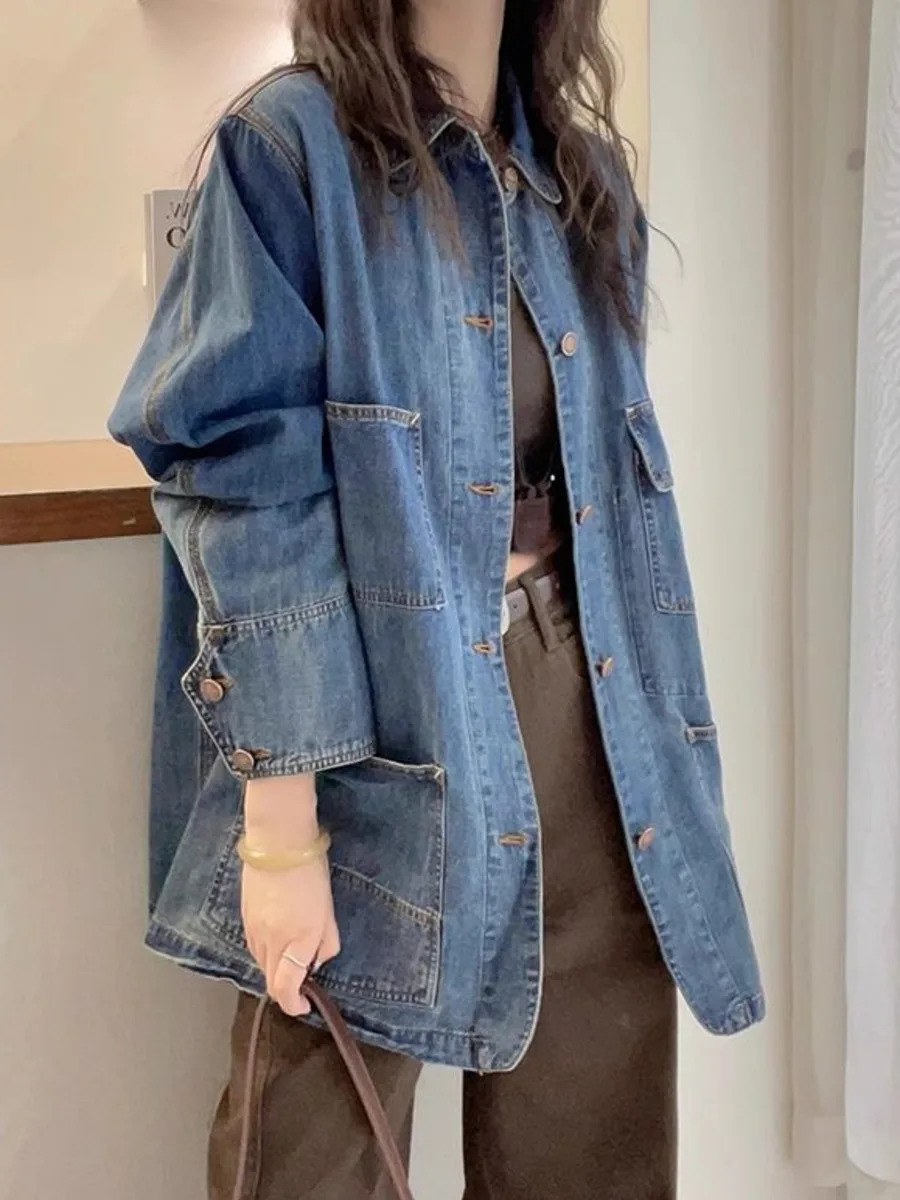 Multiple Pocket Cargo Denim Jacket for Women Spring Autumn Chic Long Sleeve Casual Loose Versatile Jean Coat Outerwear 250109