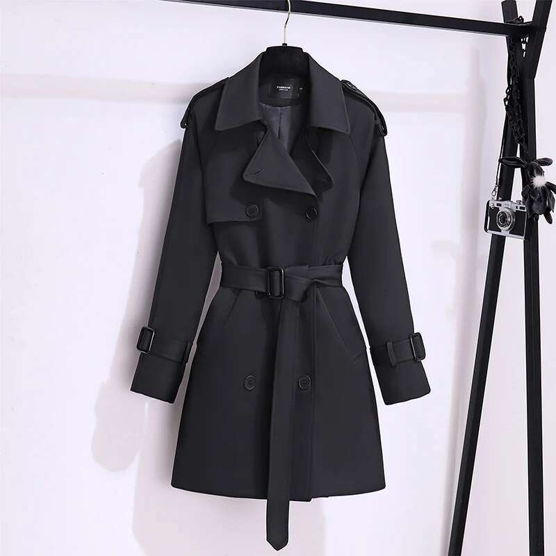 Womens British Style Windbreaker Streetwear Double Breasted Trench Coats Elegant Autumn Winter Khaki Or Black Jackets