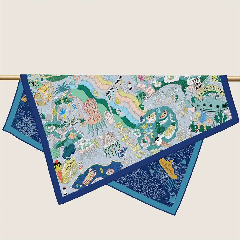 90Cm High-quality Twill Silk Double-sided Printing Submarine Playground Womens Large Square Scarf Chest Wrap Scarf 250103