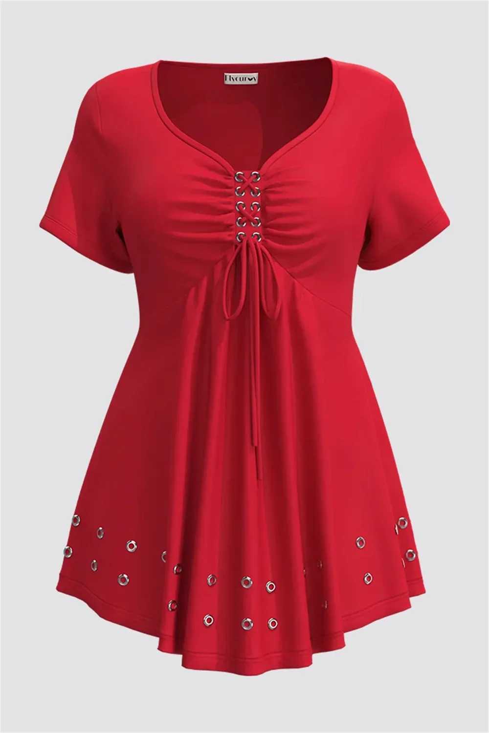 Womens plus size casual T-shirt with V-neck lace pleated edge eye wash soft and loose in summer basic pleats medium elasticity new T-shirt M250108