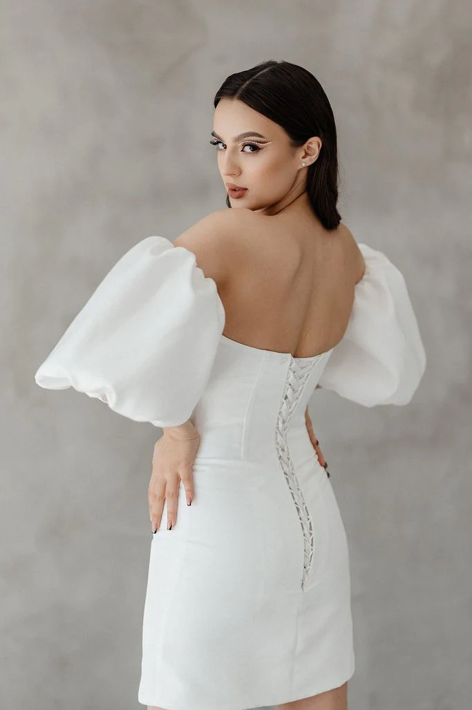 Princess Short Wedding Dress Women 2025 Off The Shoulder Strapless Long Sleeves Satin Simple Bridal Gown Vestido De Noiva Customized