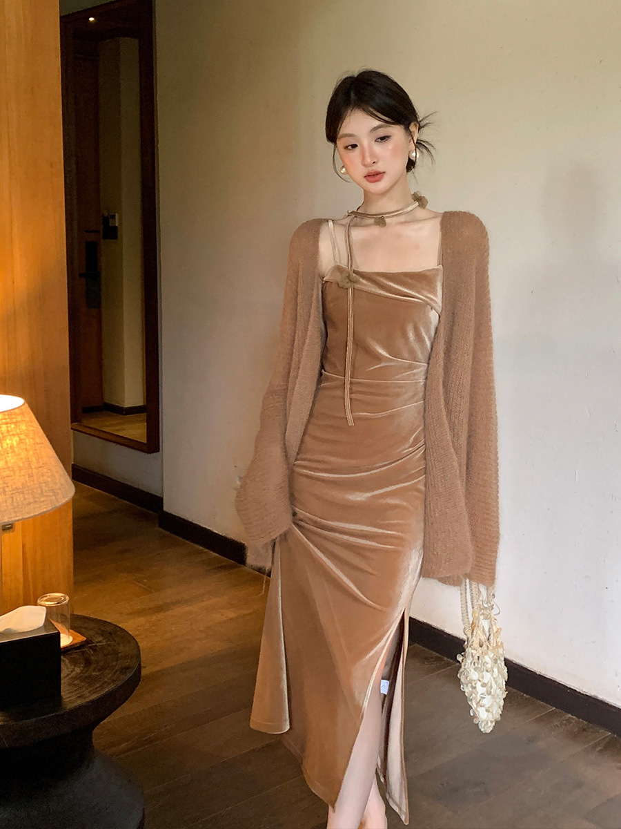 L52234 Autumn new style high waist velvet temperament suspender dress high-grade long skirt for women