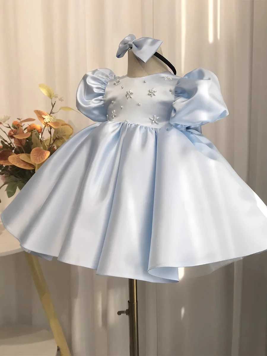 Sky Blue Satin Toddler First Birthday Par Dresses Puffy Sleeves Wedding Flower Girl Dress Pearls Holy Communion Baptism GownsXJ250108