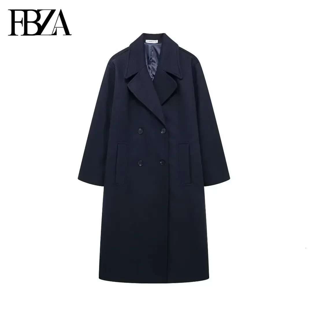 FBZA Women Fashion Autumn Winter 2024 New Wool Blend Warmth Loose Long Coat Jacket Double Breasted Lapel Overcoat Trench