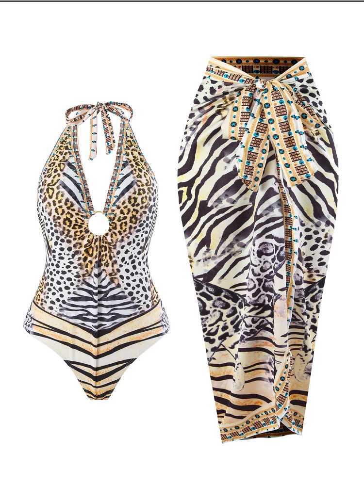 2024 New opard Print Bikini Swimsuit Woman 2023 Sexy Deep V-neck Hanging Neck Bathing Suit ss Beach Outfit with Cover UpXJ240108
