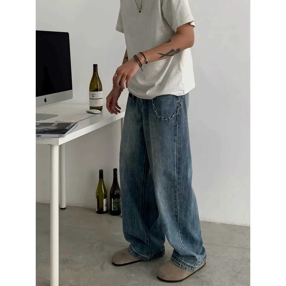 Mens jeans denim wide leg pants floor length pants spliced high waist loose casual straight pockets button pockets autumn and winter M250109