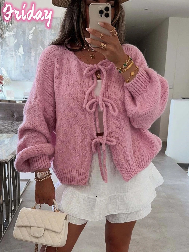 Womens Tie Front Bow Cardigan Sweaters Oversized Chunky Knit Cardigan Long Sleeve Open Front Loose Knitwears Bow Pink Tops 250106