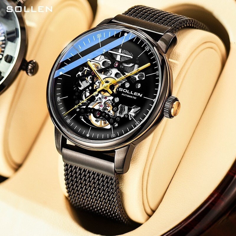 SOLLEN Fashionable Men's Mechanical Watch with Arc Skeleton Dial and Luminous Features