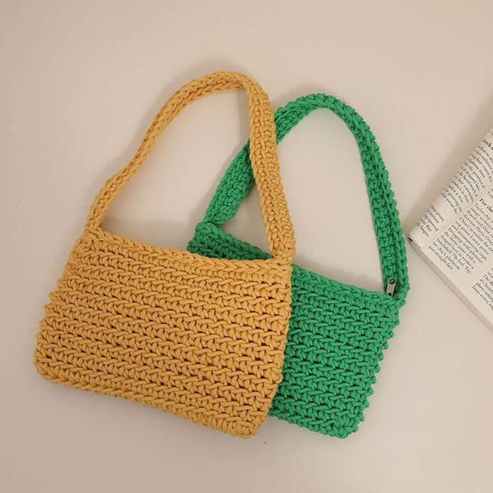 Versatile One Shoulder Cotton Thread New Small Fresh Square Underarm Grass Woven Bag Solid Color Commuter Handbag For Women