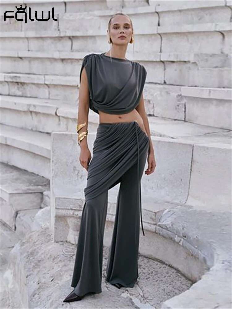 Habbris Autumn Elegant Ruched Women 2 Piece Set Party Outfits 2024 Sleeveless Crop Top+Metal Design Irregular Flared Long Pants